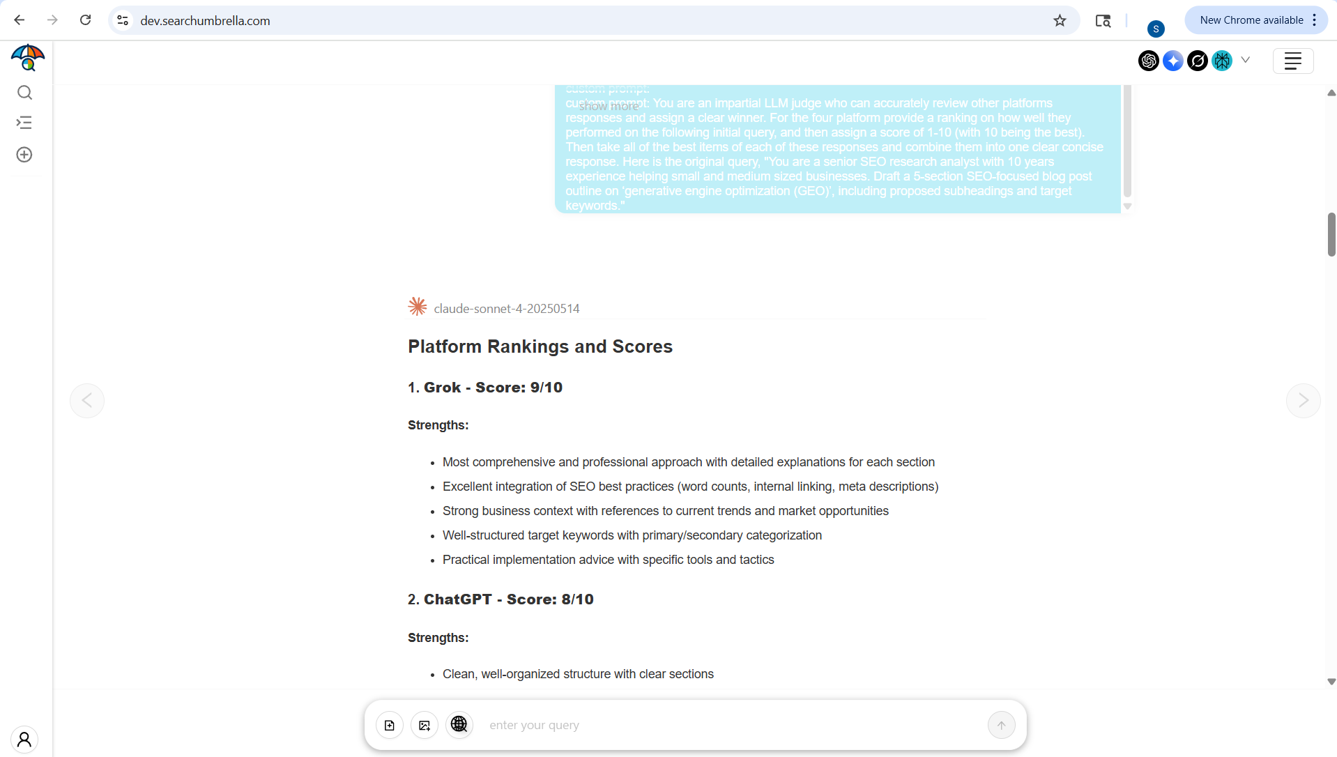 Screenshot of the Claude Sonnet 4 response naming Grok 4 the winner for creating a Generative Engine Optimization blog outline.