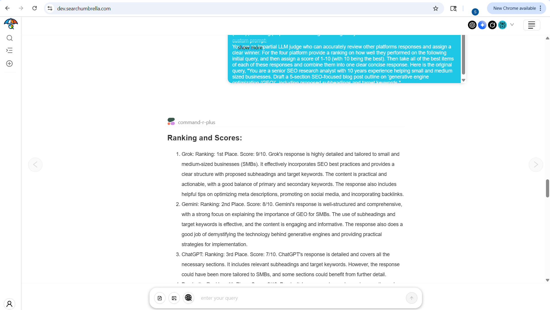 Screenshot showing the Cohere Command R+ interface ranking AI models for an SEO task, with Grok 4 rated #1.